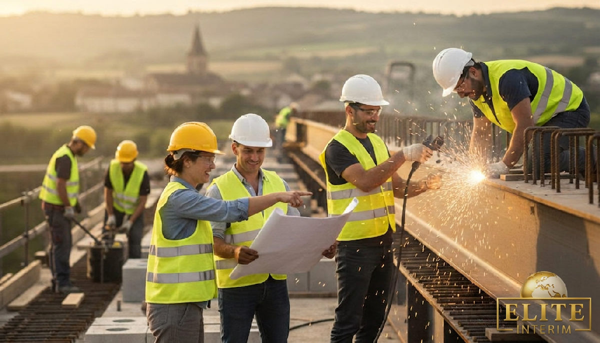 Travailleurs roumains sur un chantier d'infrastructure en France.