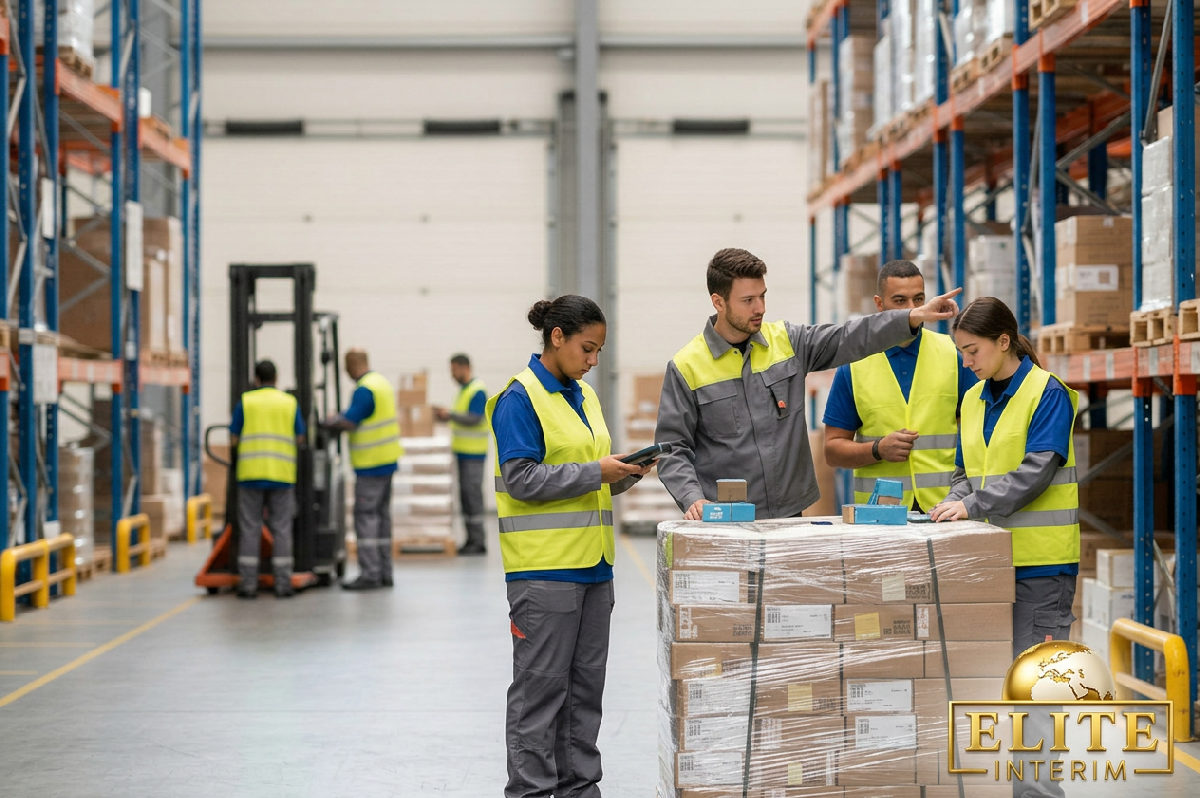 Employés roumains et français collaborant dans un entrepôt en France.