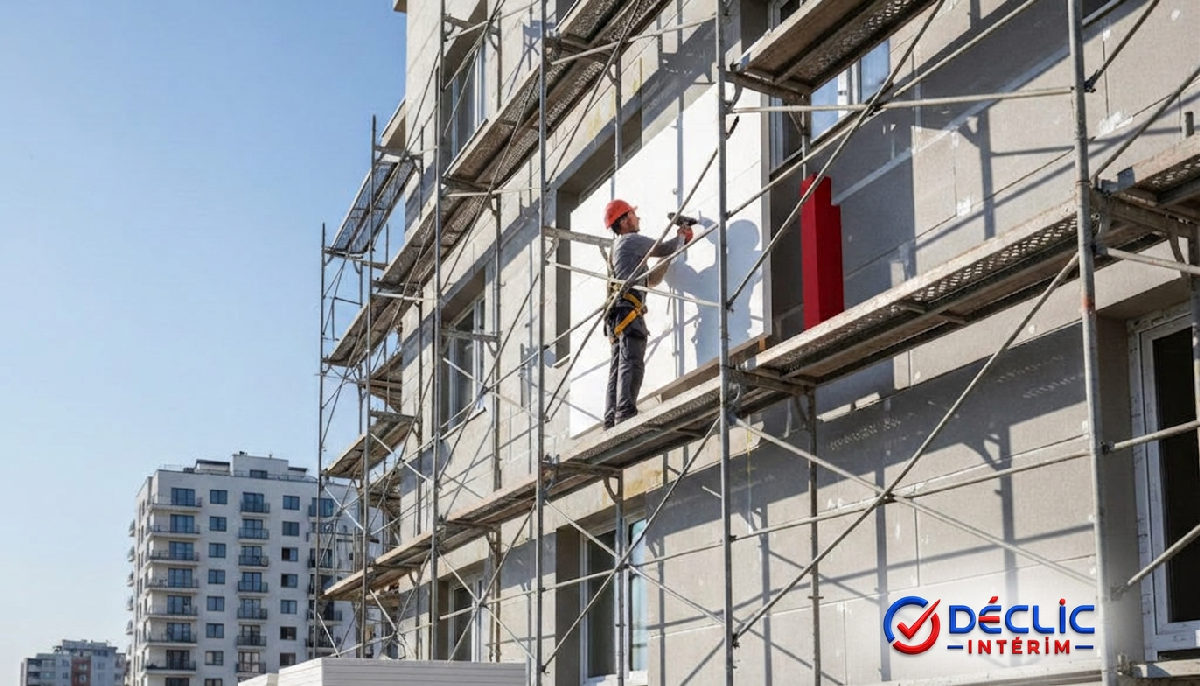 Technicien installant des panneaux isolants sur une façade.