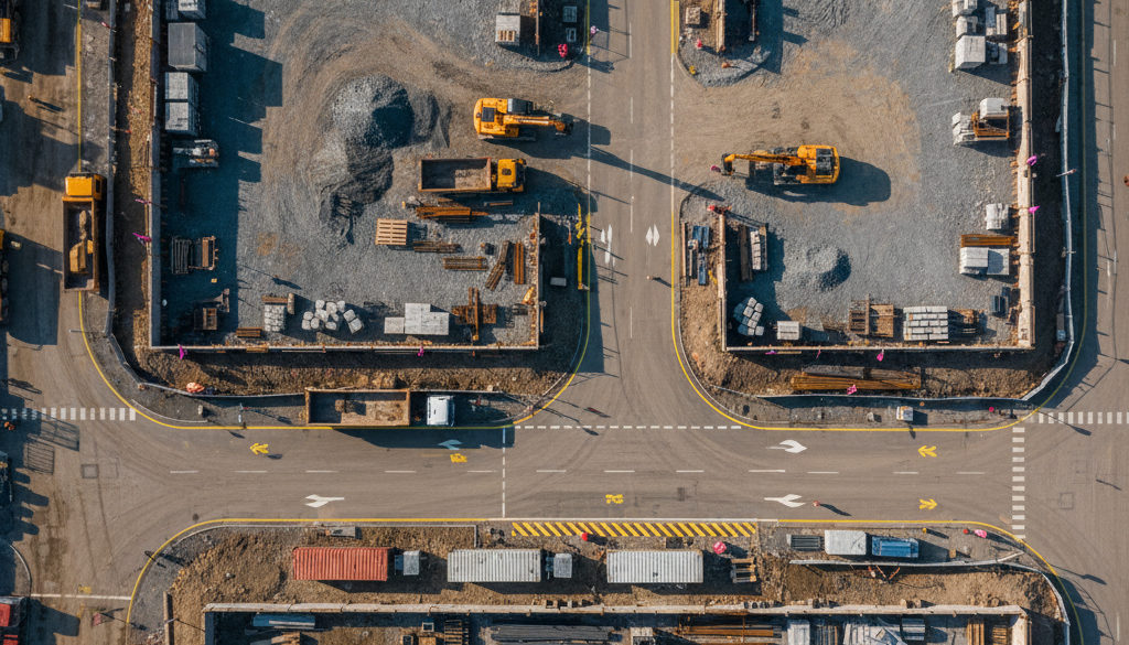 Vue aérienne d'un chantier de construction organisé et sécurisé.