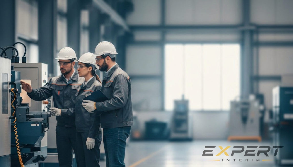 Équipe industrielle collaborant dans une usine moderne.