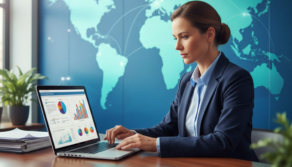 gestion administrative détachés – Manager RH examinant des documents internationaux, carte du monde au fond.