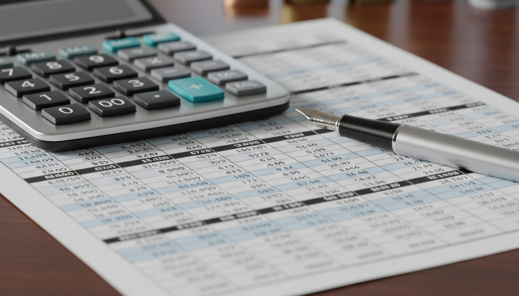 Détail d'une fiche de paie multidevise avec calculatrice et stylo.