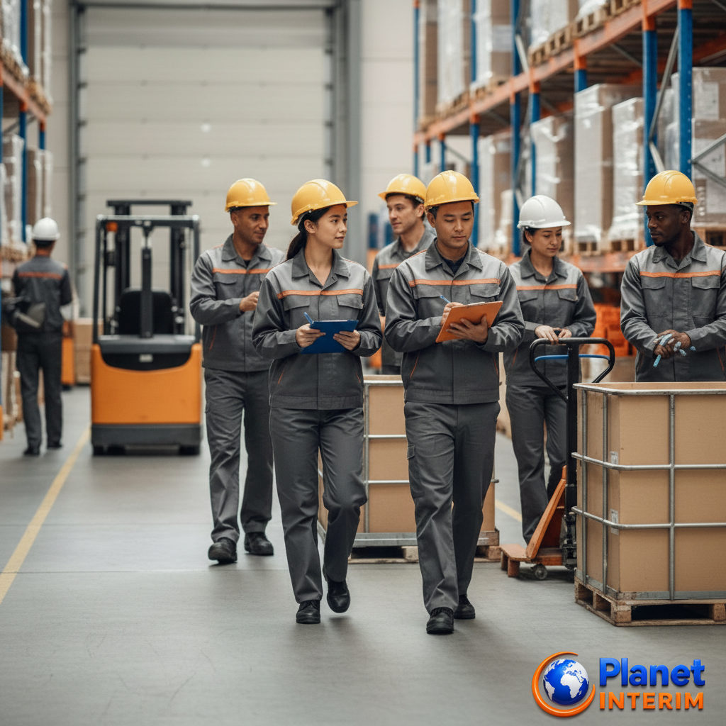 Entrepôt logistique moderne avec préparateurs de commandes