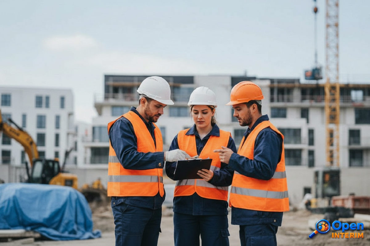 Ouvriers discutant des consignes de sécurité sur un chantier.