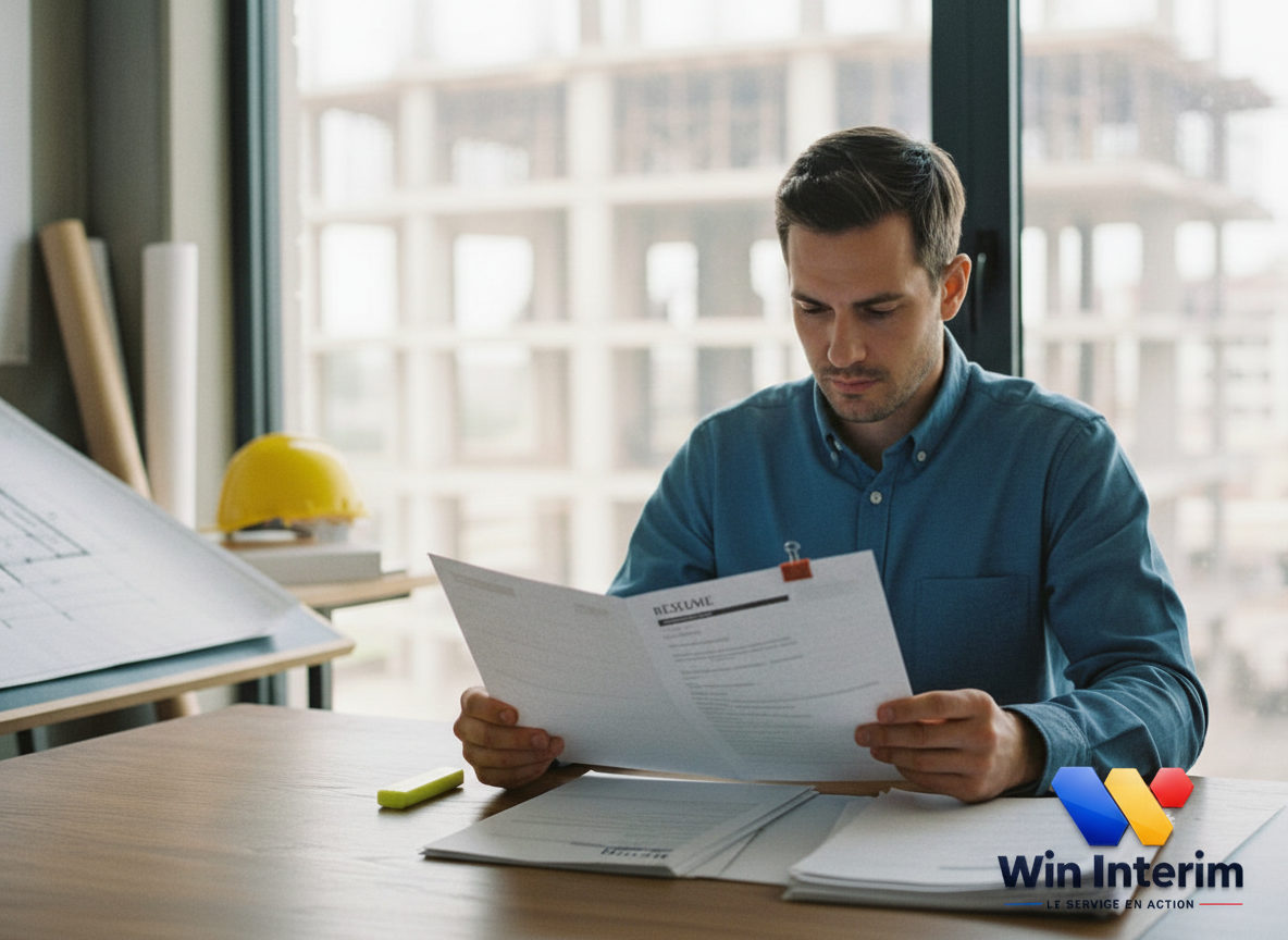 Recruteur examine un CV avec des plans de construction.