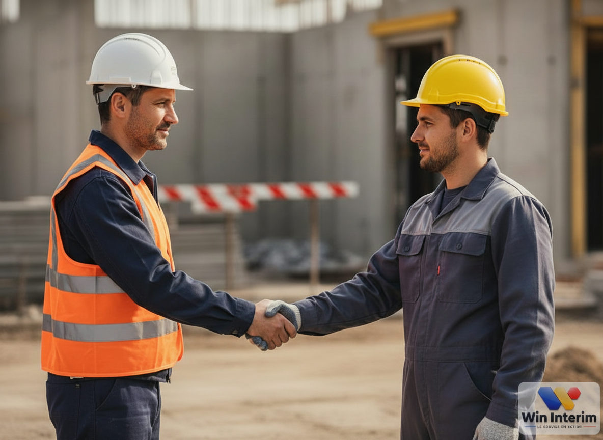 Poignée de main symbolisant un partenariat réussi sur chantier.