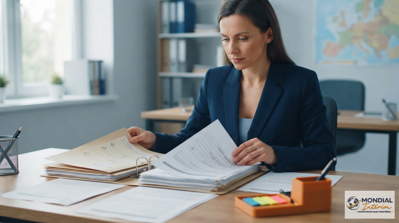 Dossiers de recrutement et documents administratifs pour des travailleurs roumains au bureau.