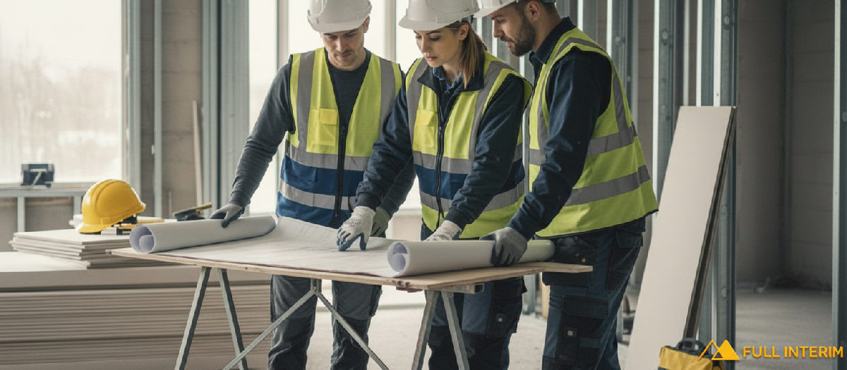 Équipe de plaquistes discutant des plans sur un chantier.