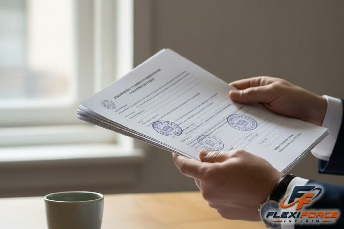 Mains tenant des formulaires A1 tamponnés, soulignant la conformité administrative.