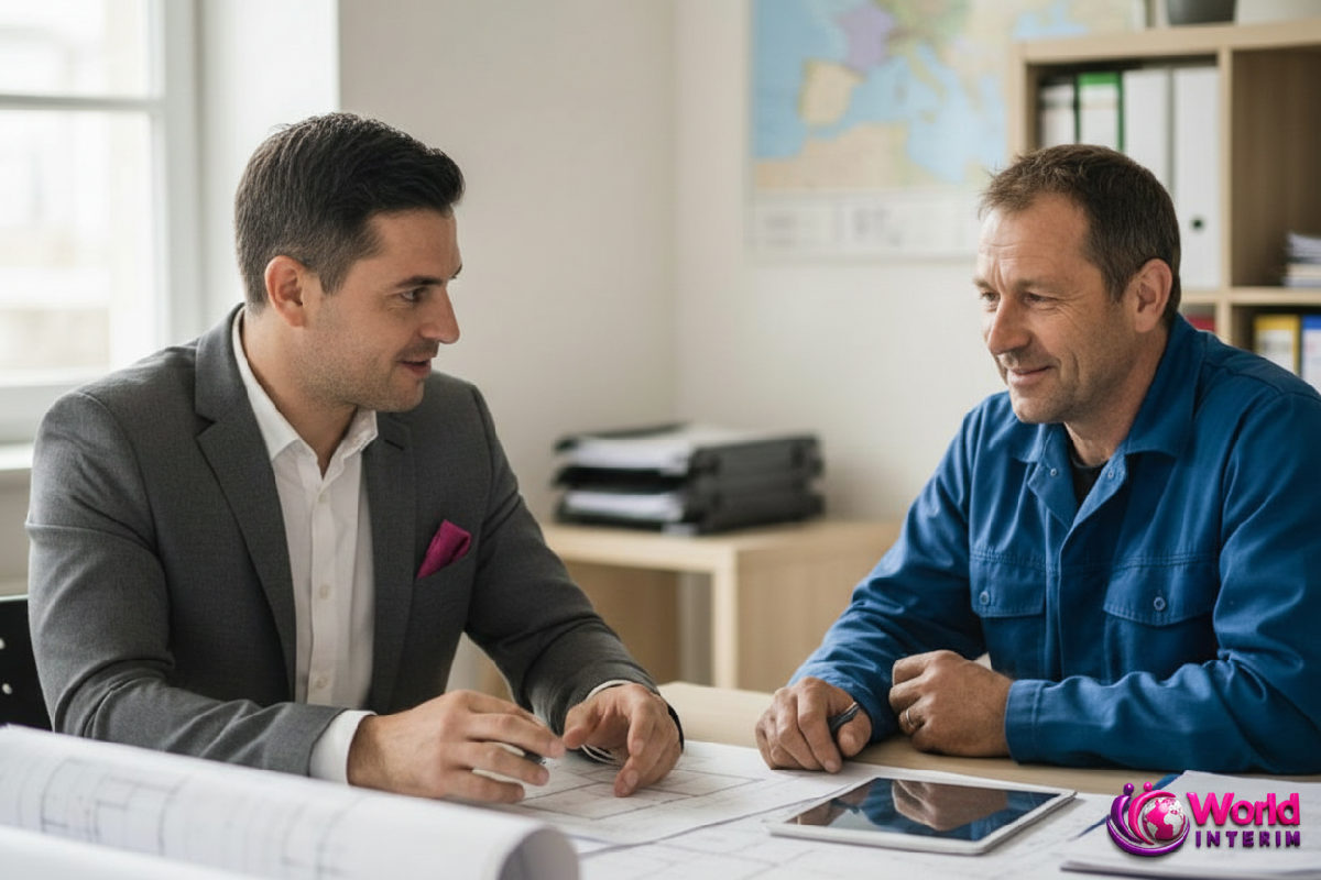 Recruteur et maçon roumain discutent de la rémunération intérim.