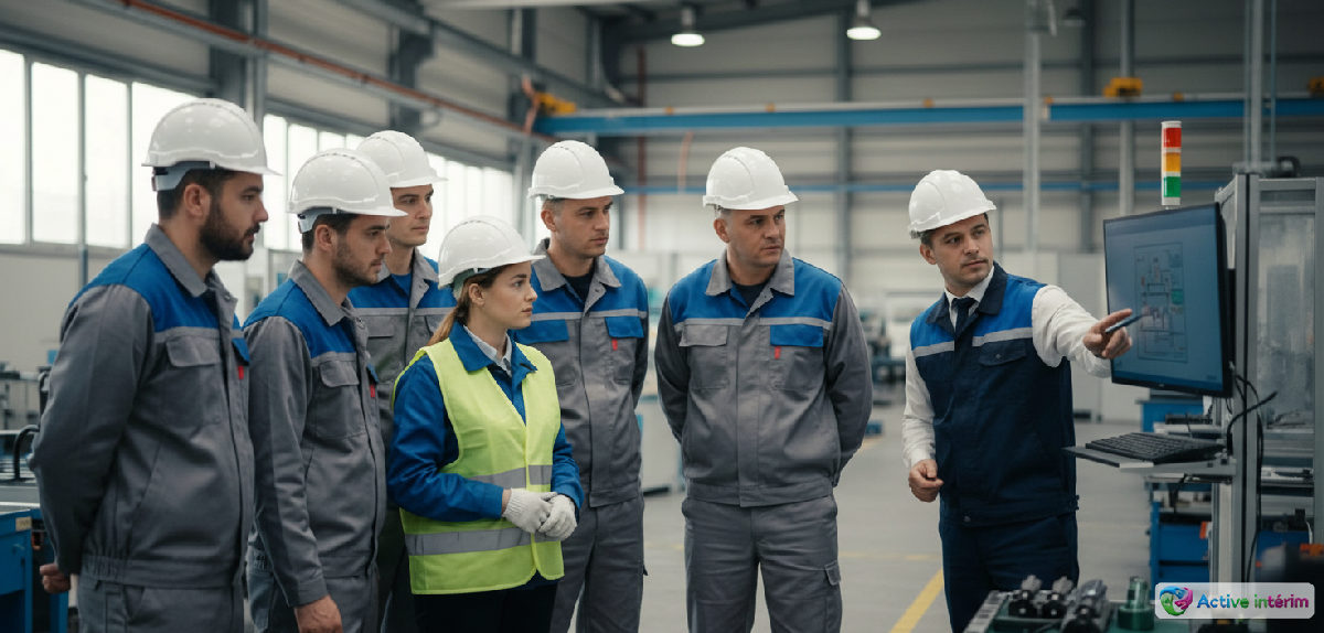 Ouvriers roumains en formation de sécurité en usine.