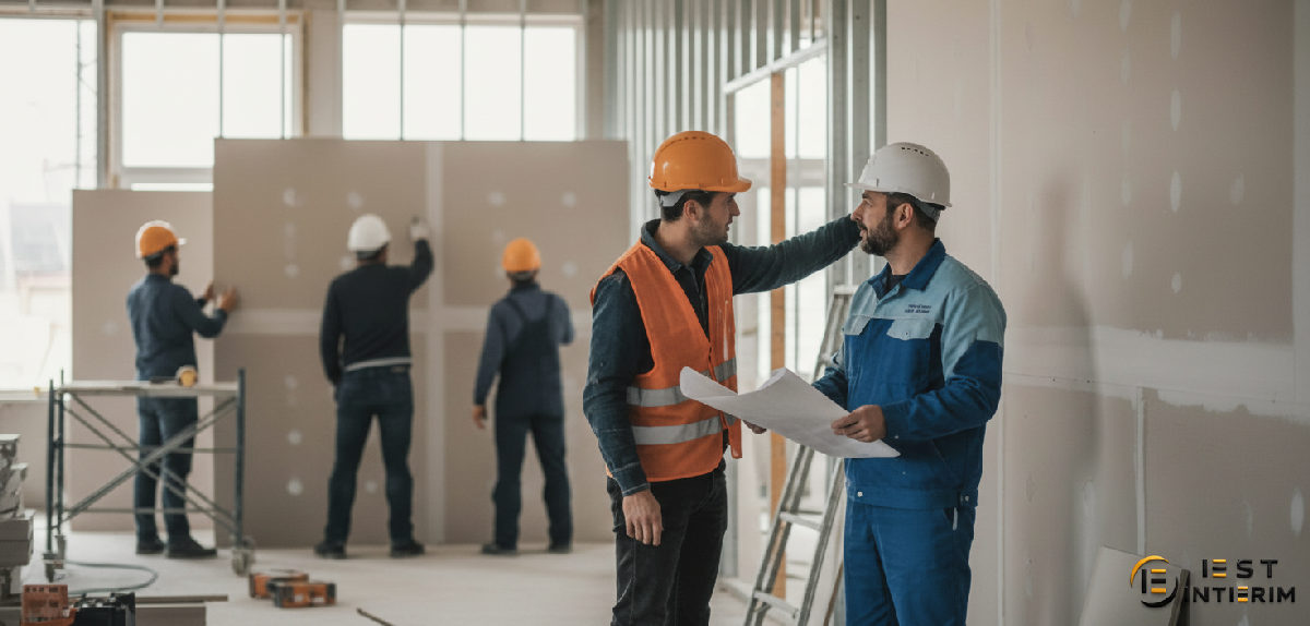 Équipe de plaquistes collaborant sur un grand projet architectural.