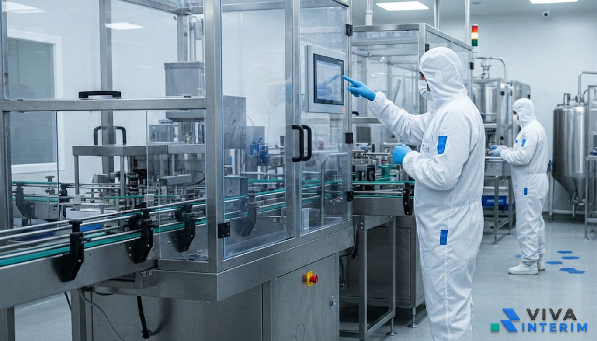 Ligne de production pharmaceutique automatisée avec opérateurs roumains en tenue de protection.