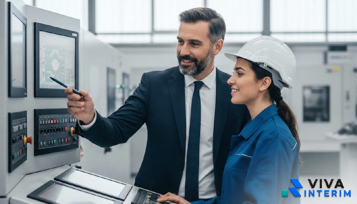 Manager français et chef d'équipe roumain discutant devant un tableau de bord.