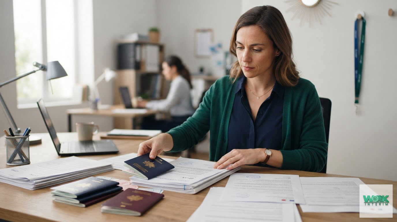 Un responsable RH examinant des documents officiels pour des travailleurs étrangers.