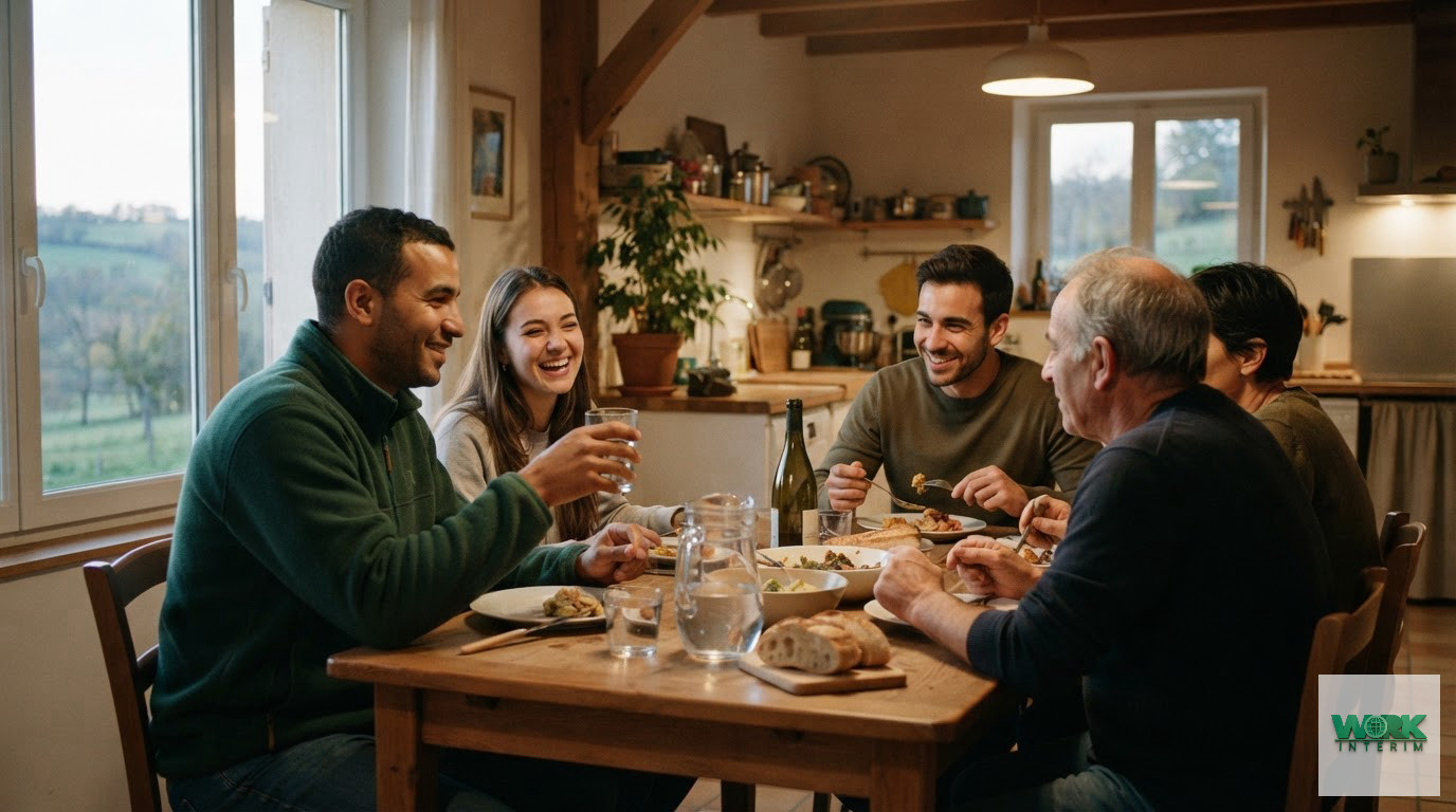 Saisonniers partageant un repas convivial dans leur logement d'hébergement.