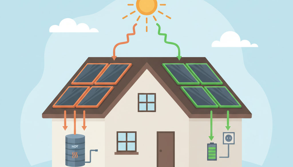 Porovnání solárních termických a fotovoltaických panelů u domu.