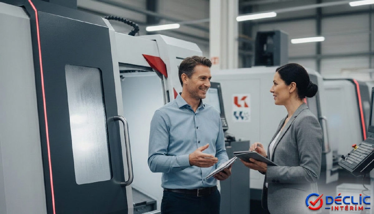 Responsables français et roumains devant une machine outil.