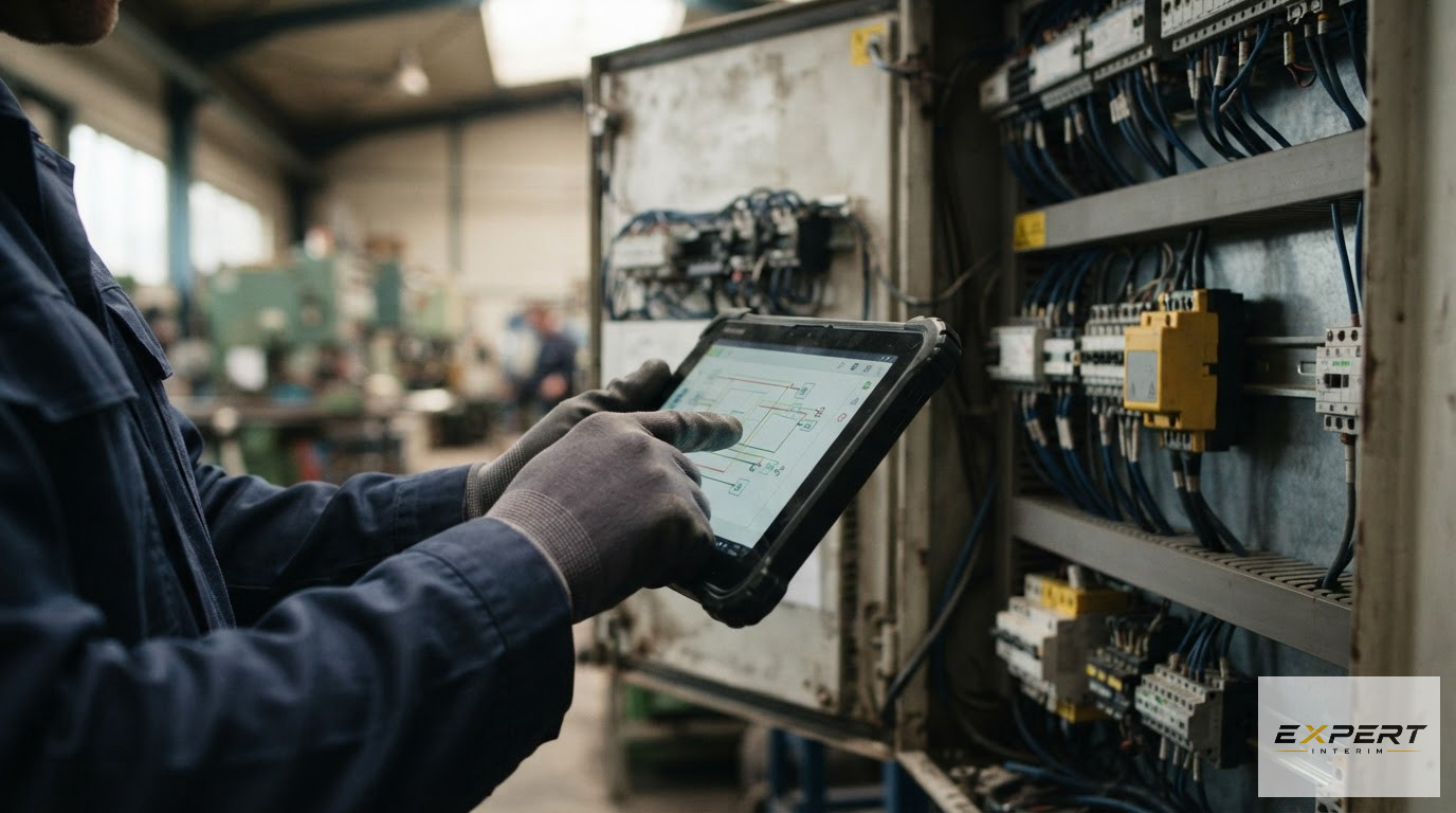 Gros plan sur un technicien utilisant une tablette devant une armoire électrique.