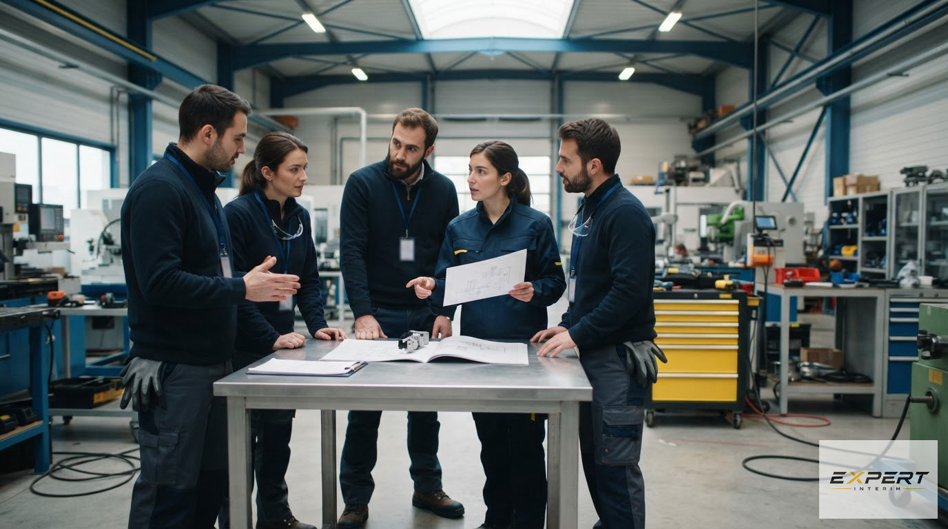 Une équipe de techniciens en réunion dans un atelier industriel lumineux.