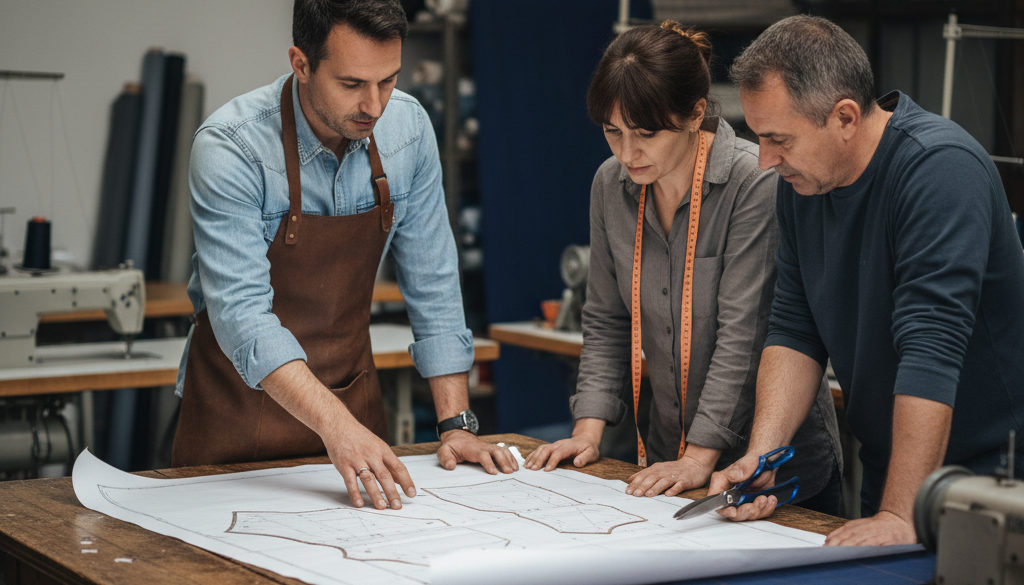 Responsable français expliquant un patron à des couturiers roumains, collaboration harmonieuse.