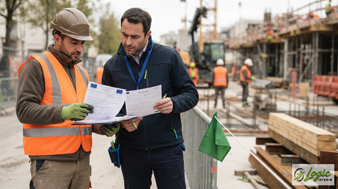 Un inspecteur vérifiant des documents officiels et le formulaire A1 sur chantier.