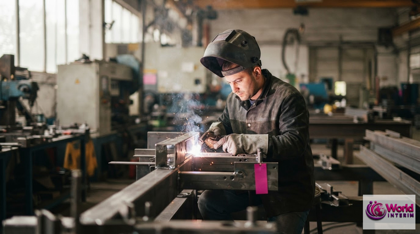 Soudeur industriel travaillant dans une usine de mécanique.