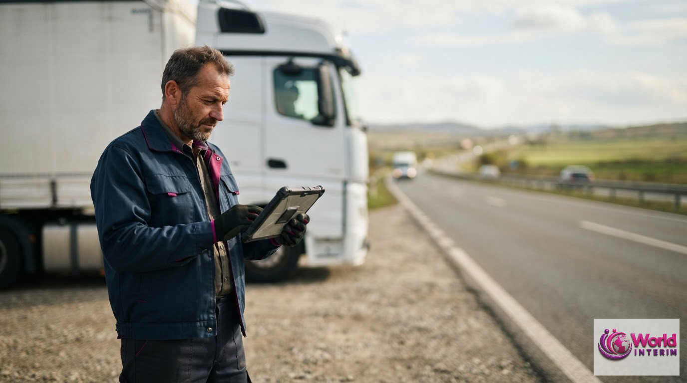Chauffeur routier roumain consultant son itinéraire sur tablette.