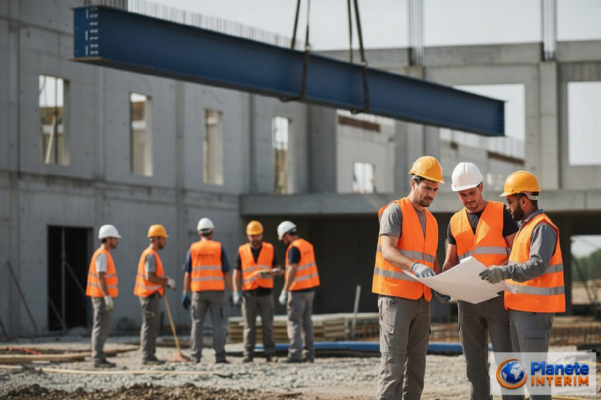 Équipe de construction diversifiée en France avec travailleurs roumains.