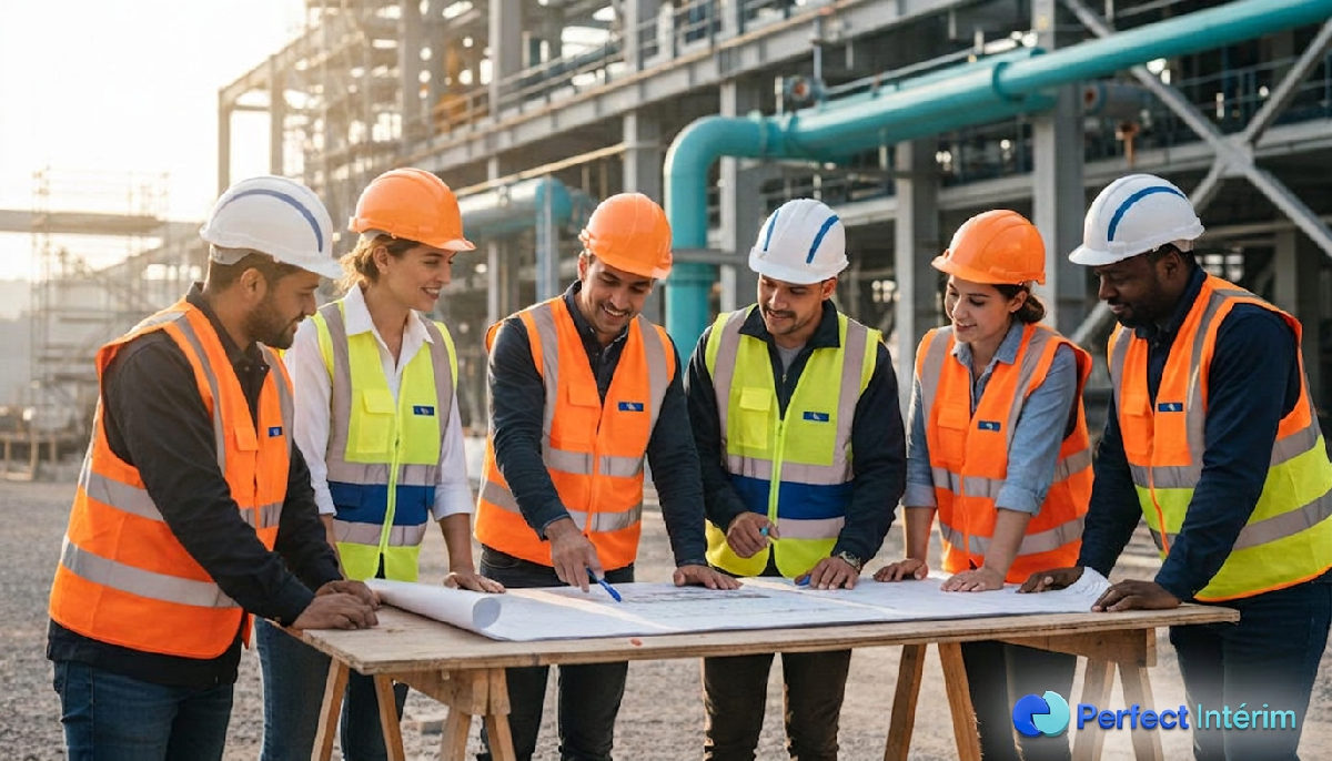 Travailleurs français et roumains collaborant sur un chantier, symbolisant l'intégration réussie.