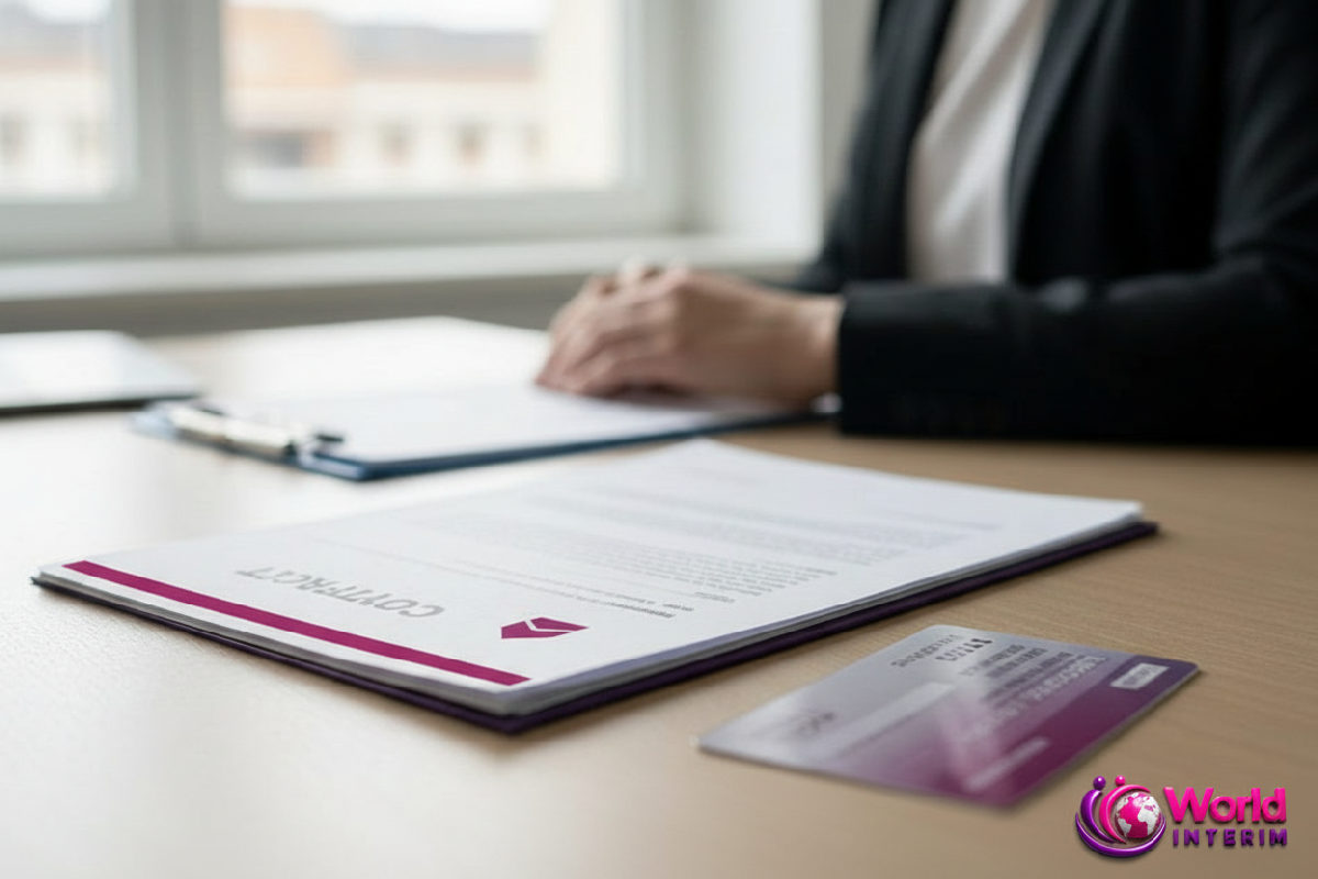 Contrat de travail et carte BTP sur un bureau de recrutement.