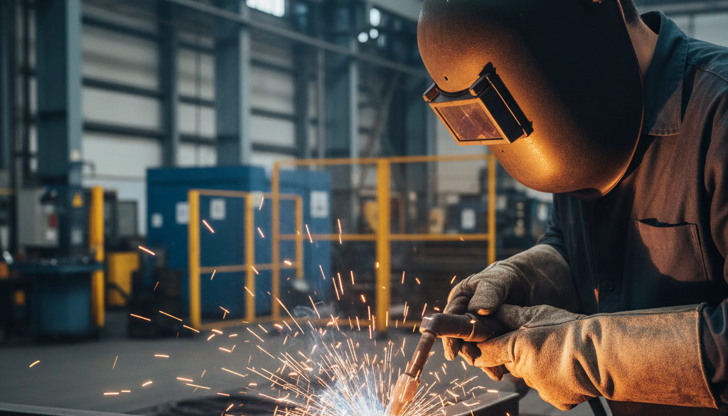 Soudeur professionnel masqué dans un environnement industriel.