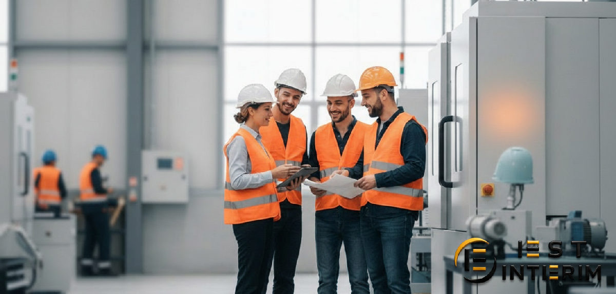 Équipe diverse dans une usine : intégration réussie des intérimaires étrangers.