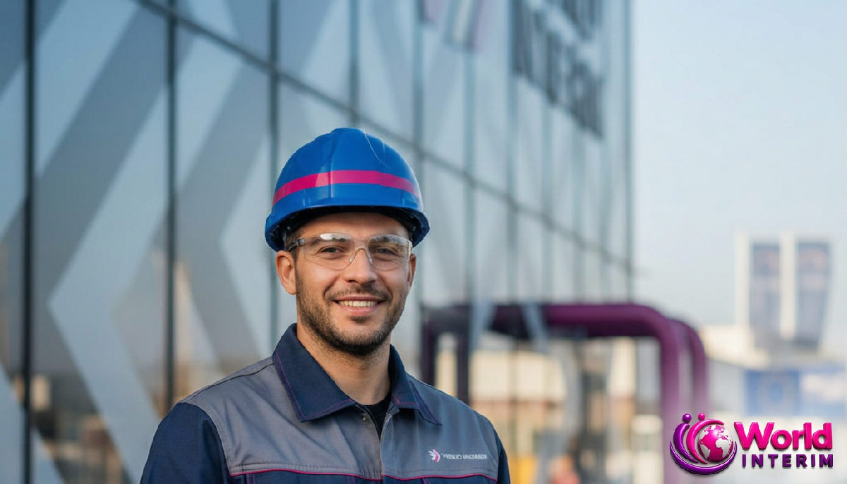 Travailleur roumain souriant en uniforme sur site industriel français.