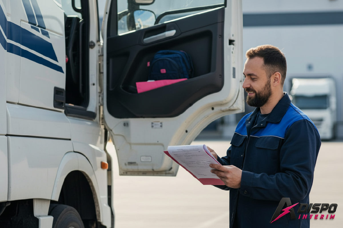 comment recruter des chauffeurs roumains qualifiés - Chauffeur roumain qualifié vérifiant des documents près d'un camion moderne.