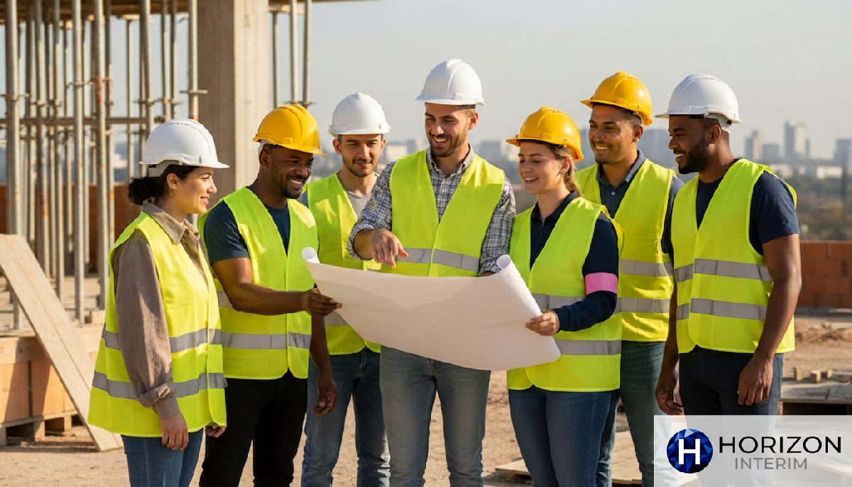 Équipe mixte de travailleurs sur un chantier de construction.