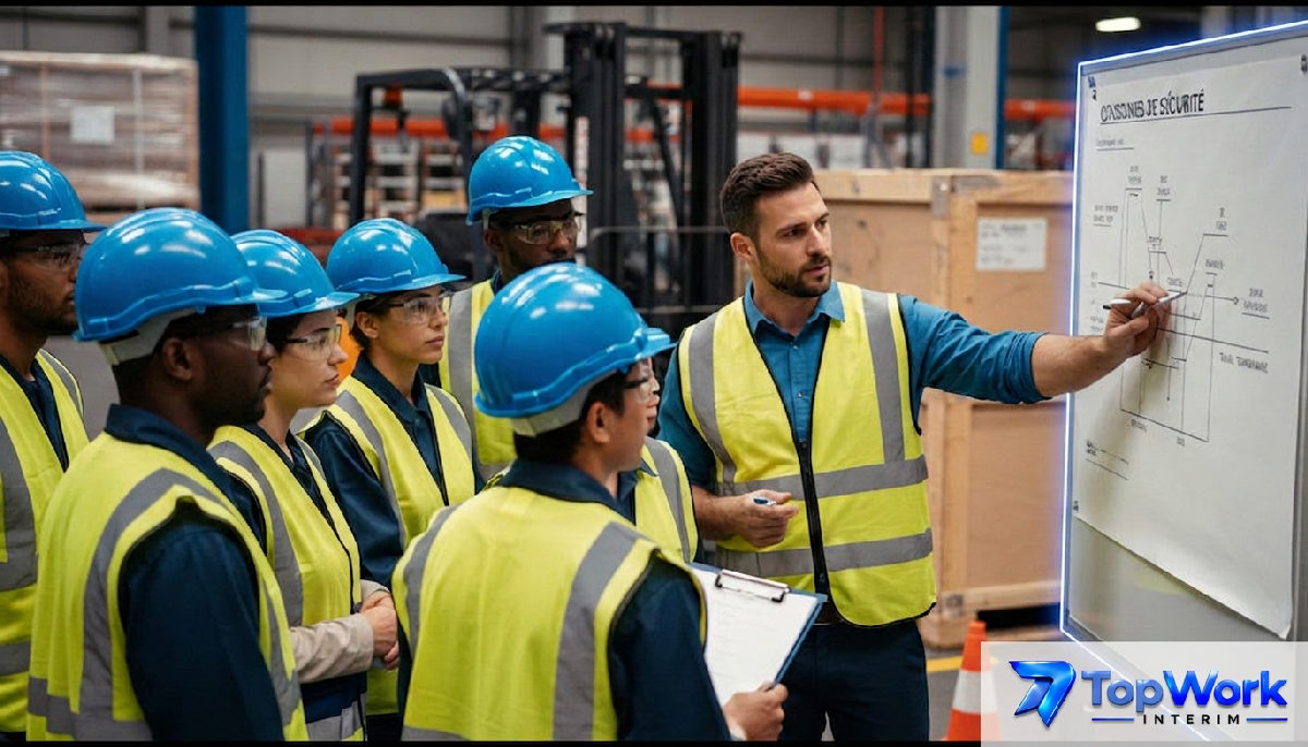 Manager expliquant les consignes à des intérimaires dans une zone logistique.