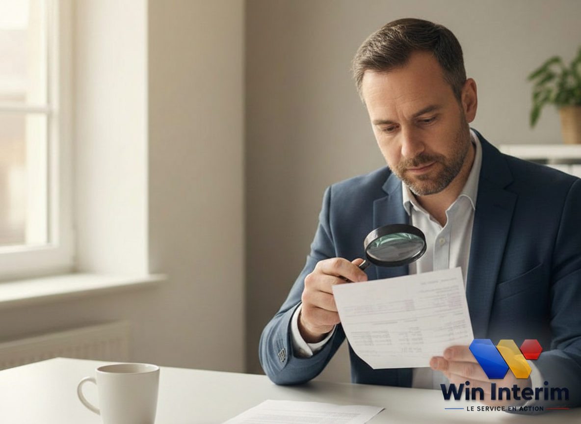 comment calculer IFM et CP intérimaires - Un gestionnaire de paie analyse un bulletin de salaire intérimaire.