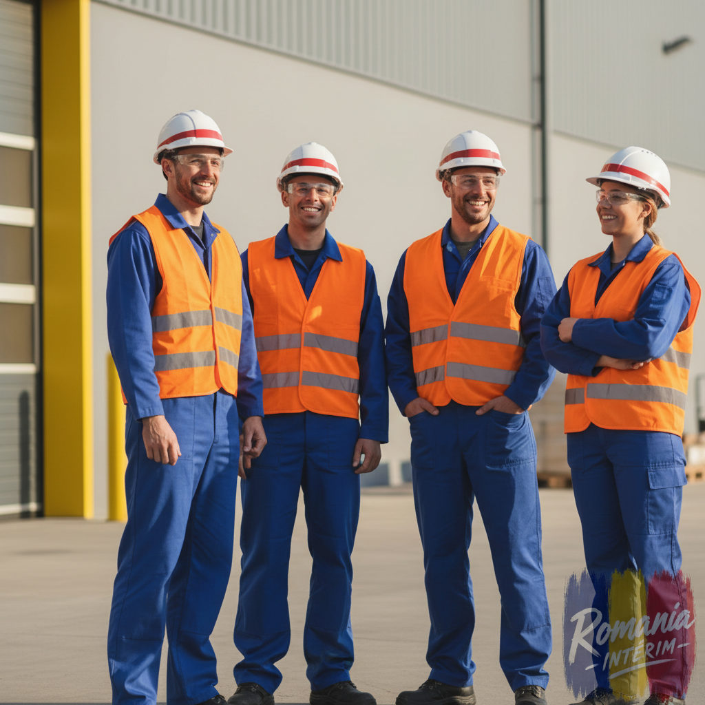 Travailleurs industriels souriants devant un entrepôt.