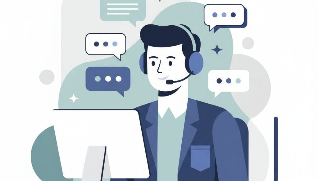 Freundlicher Kundensupport-Mitarbeiter mit Headset und Chat-Symbolen.