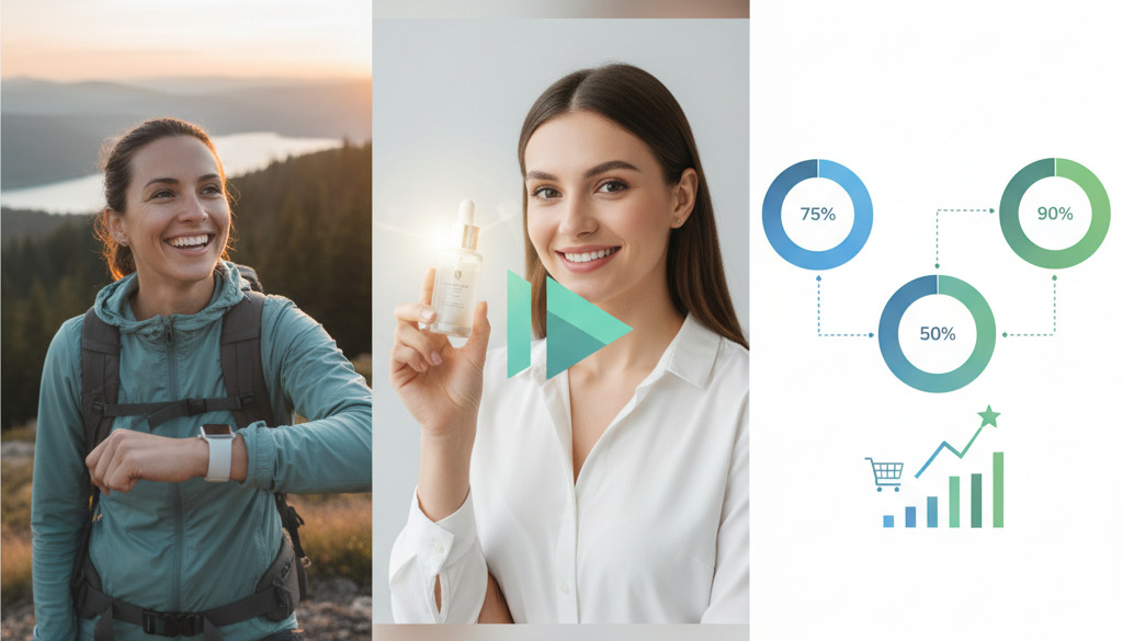 Collage of e-commerce visuals: product photo, video, and infographic.
