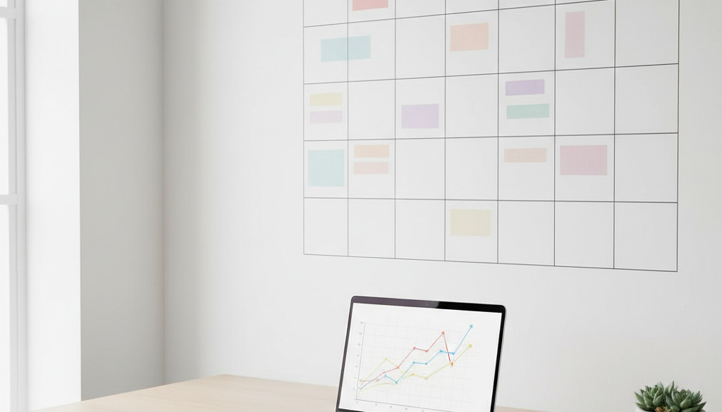 Minimalist workspace with content calendar and Shopify sales trends on laptop.