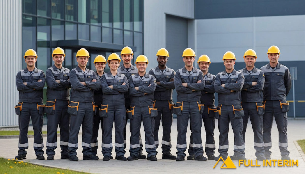 Équipe diversifiée d'ouvriers industriels européens devant une usine.