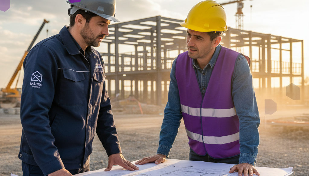 Chef de chantier français et ouvrier roumain discutant un plan.