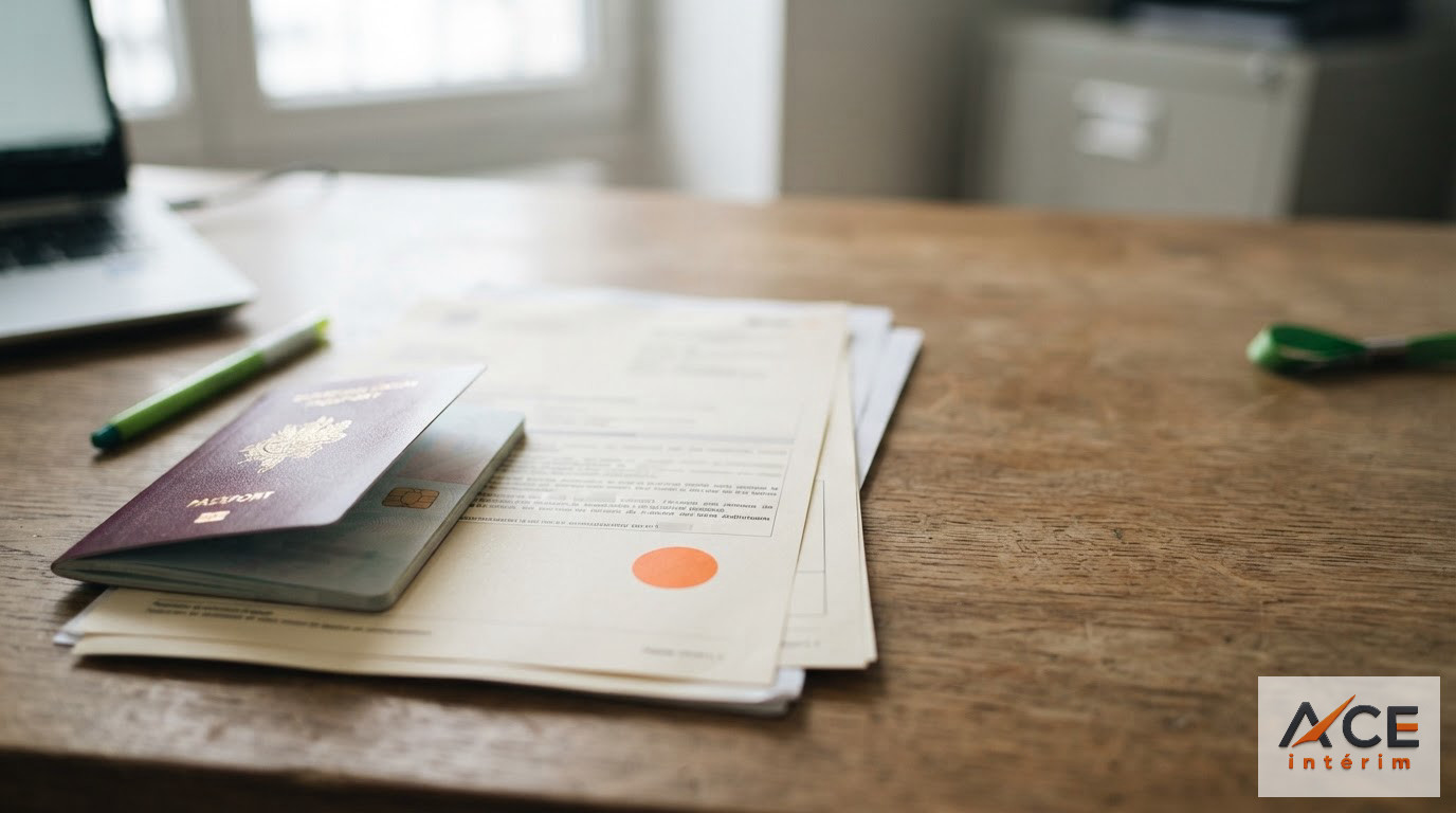 Documents administratifs, passeport et formulaire A1 sur un bureau.