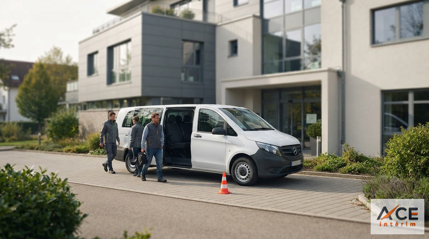 Minibus de transport de personnel devant un bâtiment moderne.