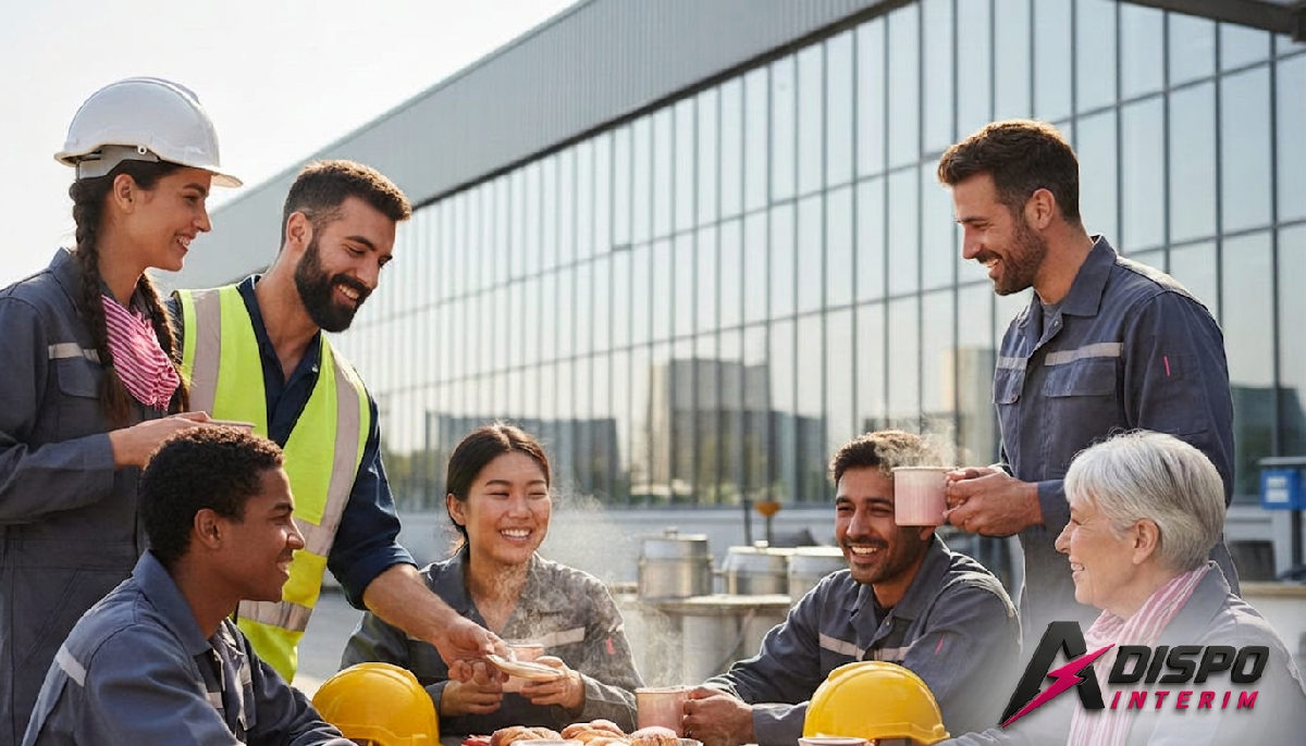 Une équipe industrielle diversifiée profitant d'une pause café ou repas ensemble.