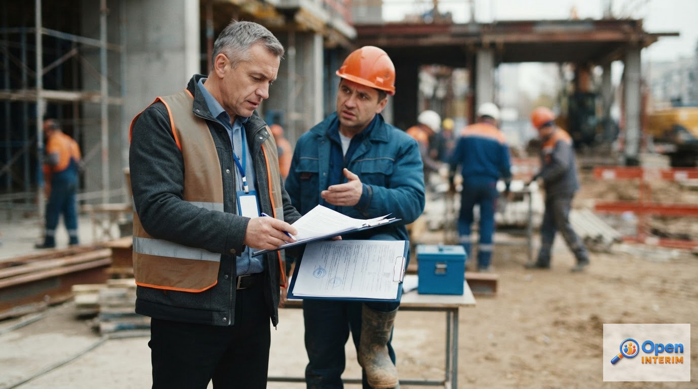 Un inspecteur du travail vérifiant des documents administratifs sur un chantier.