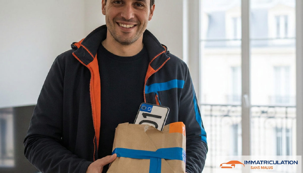 recevoir plaques roumanie - Un homme souriant reçoit ses plaques roumaines par colis en France.